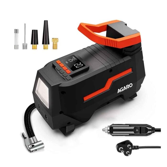 AGARO TI2157 Digital Portable Tyre Inflator – 120 W AC/DC, Auto Shut-Off, LED Flashlight, 150 PSI, Digital Display, Includes 4 Nozzles & Carry Bag