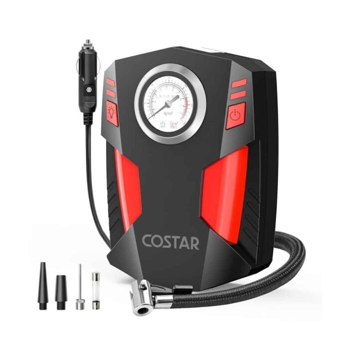 COSTAR 150 PSI Tyre Inflator – 12 V DC Air Pump with LED Flashlight, 11.8 ft Cord, Turbocharged Motor, SOS Alert Light & 4 Nozzles – Fast, Portable Inflation