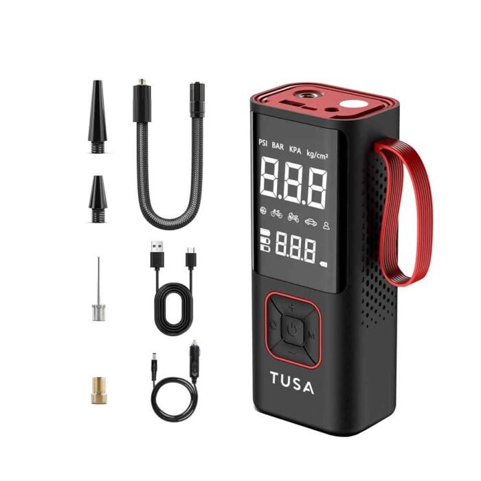 TUSA Cordless Tyre Inflator – 6000 mAh Battery, Dual-Mode (Battery & 12 V), Digital LED Display, Auto Shut-Off, 150 PSI, Includes LED SOS Light & Nozzles – Fast, Portable Tire Pump